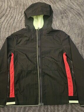 Russell Athletic Black Jacket with Red Panels and Neon Green Lining